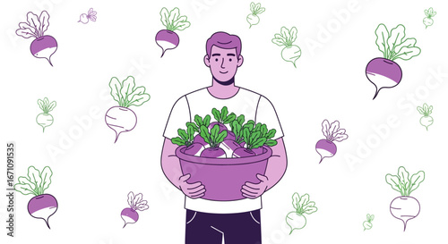 Farmer Presenting a Harvest of Fresh, Purple Turnips With A Decorative, Unique Background