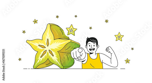 Healthy Man Celebrating Fruit's Vitamin Content With Energetic Expression And Gestures