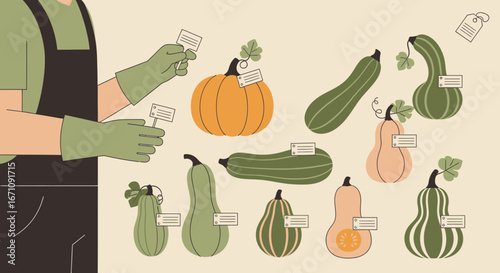 Farmer Presenting Various Gourds And Squash With Labels Against Cream Backdrop Crop