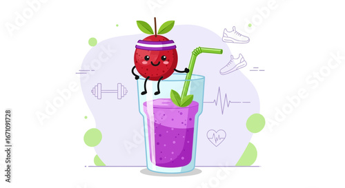 Healthy Smoothie With A Smiling Fruit Character And Fitness Elements