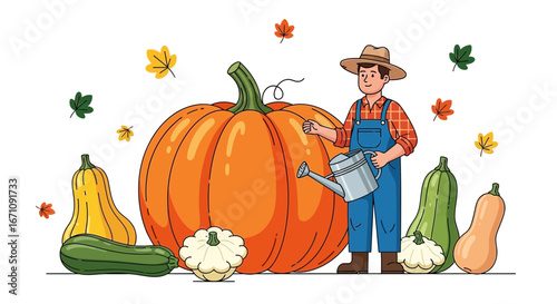 Farmer Presenting Pumpkins and Various Squashes with Autumnal Leaves, Illustration