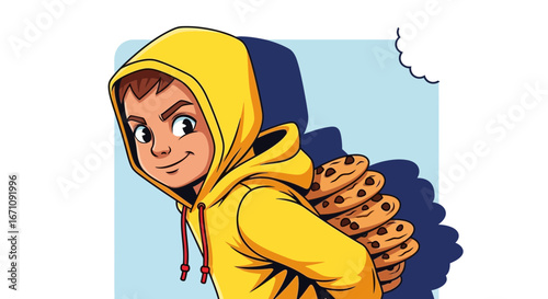 Hooded Figure Storing Baked Cookies While Smiling With A Thought Bubble