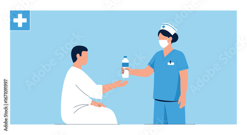 Hospital Staff Member Offers Water Bottle to Patient during Consultation and Care