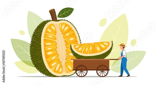 Farmer Transporting Jackfruit Slice Using a Cart Depicting Tropical Fruit and Agriculture