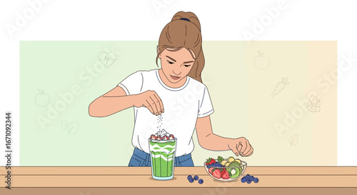 Female Preparing A Smoothie With Fresh Fruits And Sprinkles, Healthy Eating Concept