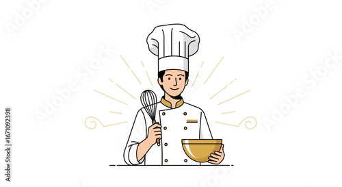 Illustrated Chef Holding Utensils and Gold Bowl Ready For Preparing Gourmet Dishes