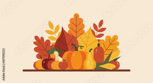 Festive Harvest Arrangement Featuring Pumpkins, Apples, Leaves, and Decorative Autumn Elements