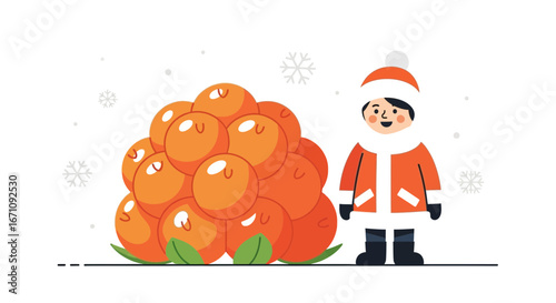 Festive Illustration Of Adorable Figure Beside A Pile Of Citrusy Spheres