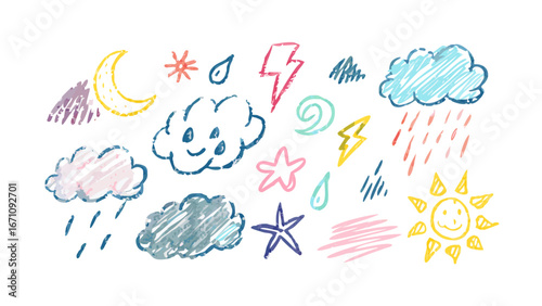 Hand drawn crayon weather elements moon clouds