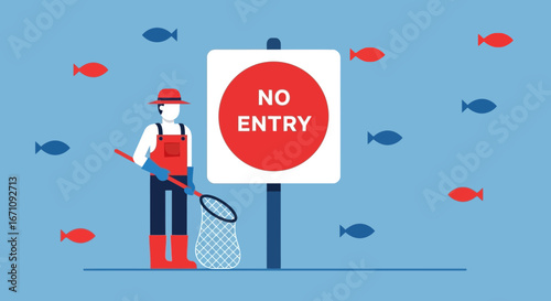 Fisherman's Prohibited Zone Illustration Concept with Symbolic Warning Sign and Fishes