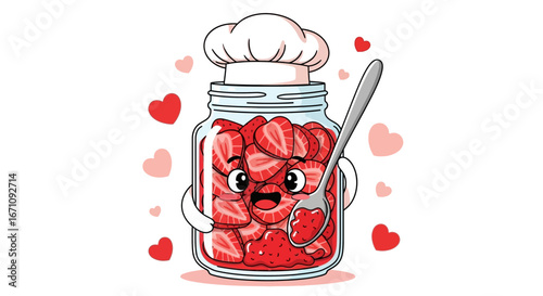 Illustrative Chef-Themed Jam Jar with Smiling Strawberries and Whimsical Heart Elements