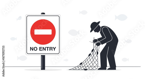 Fishing Prohibition Sign: Fisherman Mends His Net Near a No Entry Sign Icon