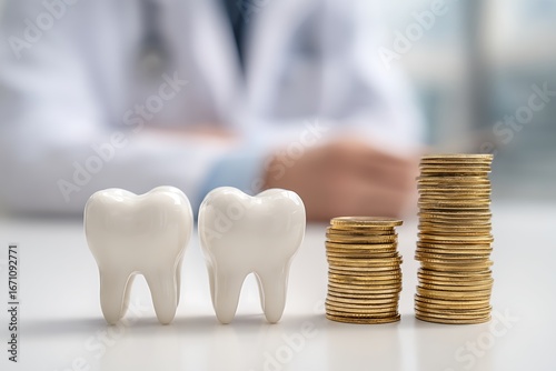 Dental cost concept with tooth models and stacked coins