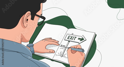Illustrative Concept Of Man Sketching An Exit Sign In A Notebook For Direction Design