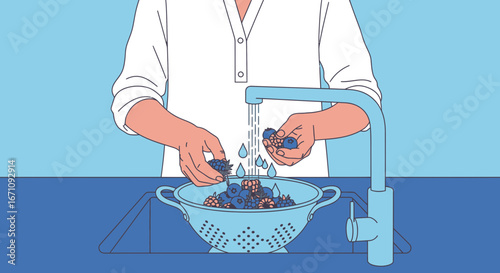 Illustrative Depiction Of Berry Washing Process, Freshly Prepared Food Concept