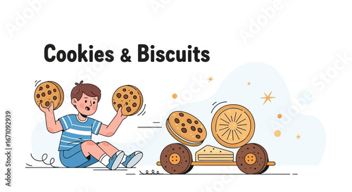 Illustrative Depiction Of Cookies And Biscuits Featuring Playful Cartoon Character