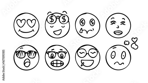 Hand drawn doodle smiley faces happy cheerful