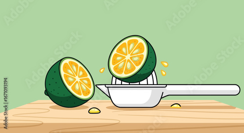 Fresh Citrus Juice Extraction from a Fruit in a Modern Graphic Illustration
