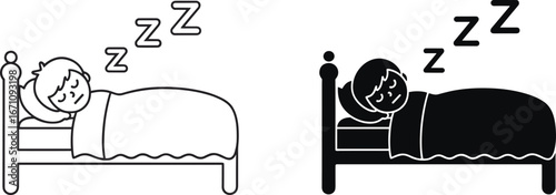 Two cartoon icons of a person sleeping in bed with Zzz symbols child