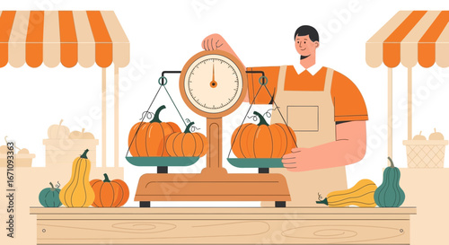 Fresh Harvest Autumn Produce: A Farmer Weighing Pumpkins At The Market Stall