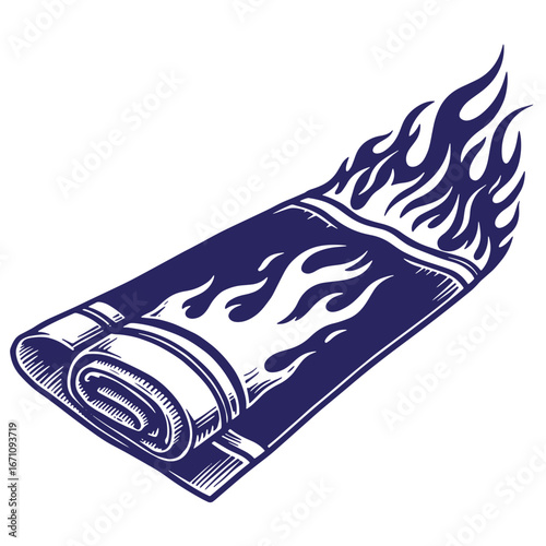 Rolled blanket vector illustration depicting flames engraved style isolated on white background