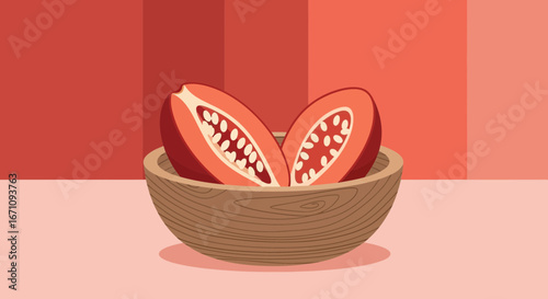 Freshly Cut Papaya Slices In a Wooden Bowl Against Red Shades