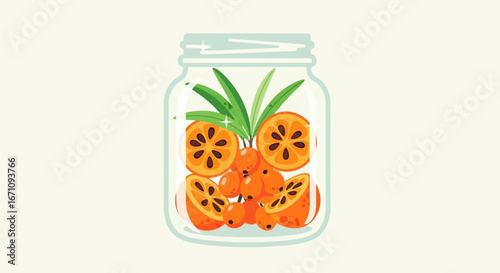 Jar Of Fresh Orange Sea Buckthorn And Green Leaves Refreshing Health Drink