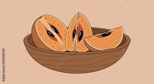 Freshly Cut Sapodilla Fruit Slices Presented In A Wooden Bowl For Culinary Display