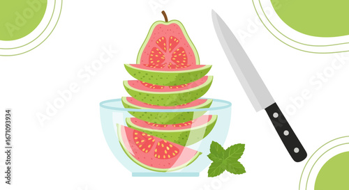 Freshly Sliced Guava Fruit Arrangement with Knife and Herbal Leaves on White Background