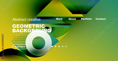 Modern website mockup features vibrant geometric shapes, text overlays, navigation menu. Green, black hues dominate design. Simple, clean aesthetic.