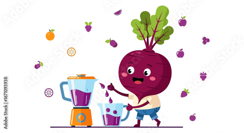 Joyful Beetroot Character Prepares Fresh Juice with Blender and Various Fruits Healthy Lifestyle