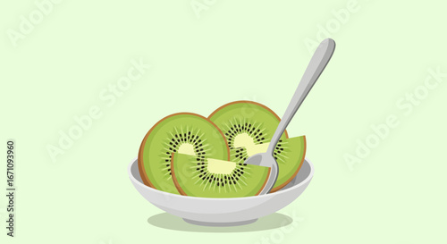 Freshly Sliced Kiwi Fruit In A Bowl With A Fork On Light Green Backgrounds