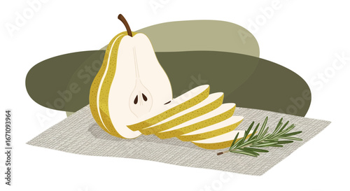 Freshly Sliced Pear With Herbaceous Rosemary Garnishing On Subtle Patterned Surface