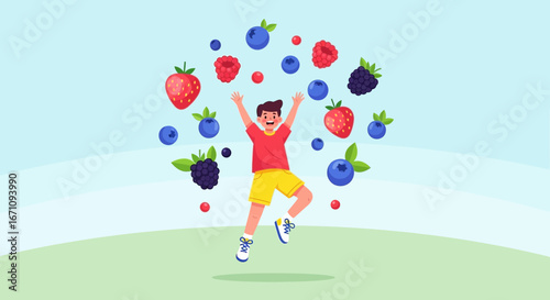 Joyful Boy Celebrating The Abundance Of Fresh Berries in a Whimsical Illustration