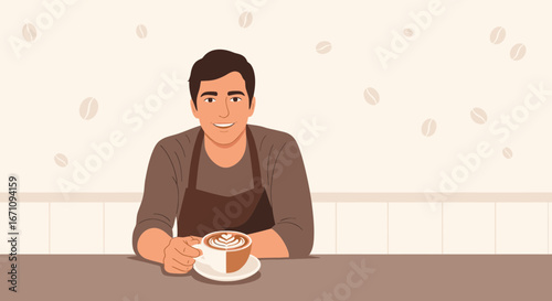 Friendly Barista Smiling While Presenting Coffee Art on a White Coffee Cup
