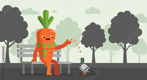 Friendly Carrot Character Sharing Seeds With A Pigeon In A Peaceful Park Scene