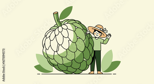 Friendly Farmer Greets Beside a Vibrant Custard Apple for Healthy Eating