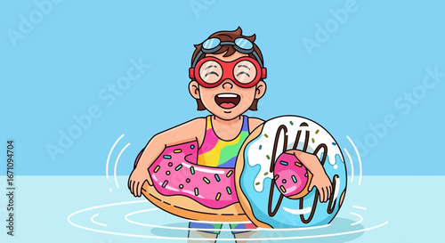 Joyful Child Enjoying Summer Water Activities With Donut-Shaped Floats Illustration