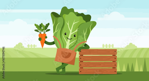 Friendly Vegetable Presenting a Carrot Near a Wooden Crate in the Farm Countryside