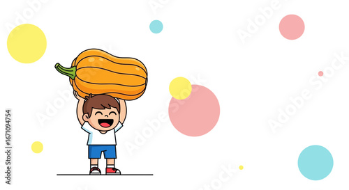 Joyful Child Holding a Large Pumpkin Above His Head, Symbolizing Harvest Season