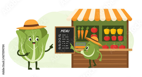 Friendly Veggie Market Stall Featuring Lettuce And Avocado Promoting Fresh Produce For Sale