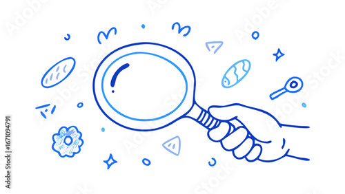 Hand holding magnifying glass with doodles illustration