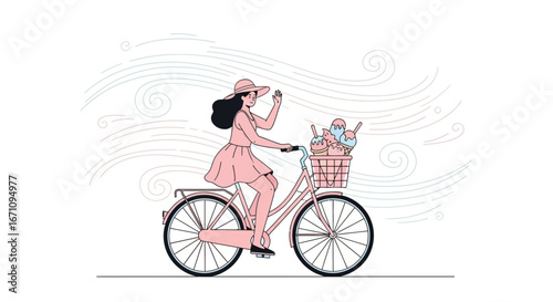 Joyful Cyclist Waving While Transporting Ice Cream in Sunny Weather Vector Art