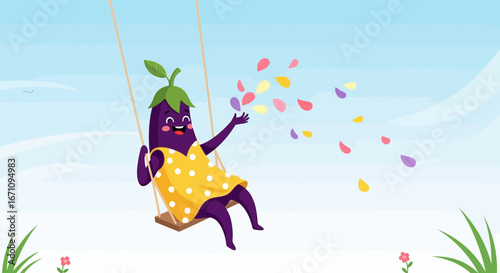Joyful Eggplant Character Swinging And Releasing Colored Petals Towards The Sky