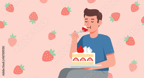Joyful Gentleman Savors Strawberry Cake in Delightful Pastel Strawberry Pattern