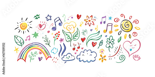 Happy doodles sun rainbow music notes flowers hearts