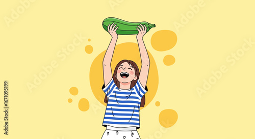 Joyful Girl Embracing Fresh Harvest, Zucchini Celebrates with Cheerful Attitude