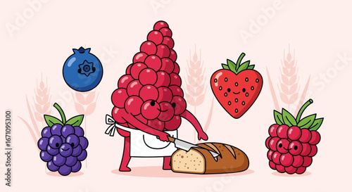 Fun Cartoon Fruits Preparing a Delicious Loaf of Bread in a Whimsical Kitchen Setting