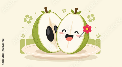 Joyful Illustration: Smiling Fruit Slice with Playful Flower and Happy Expression