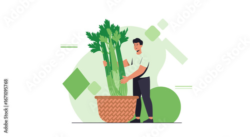 Gardener Displays A Large Celery Stalk In A Wicker Basket On A Colorful Background
